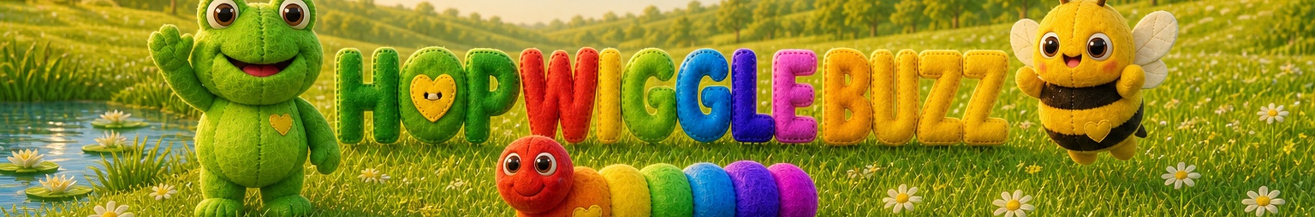 Hop the frog, Wiggle the rainbow caterpillar, and Buzz the bee in a sunny meadow by the pond